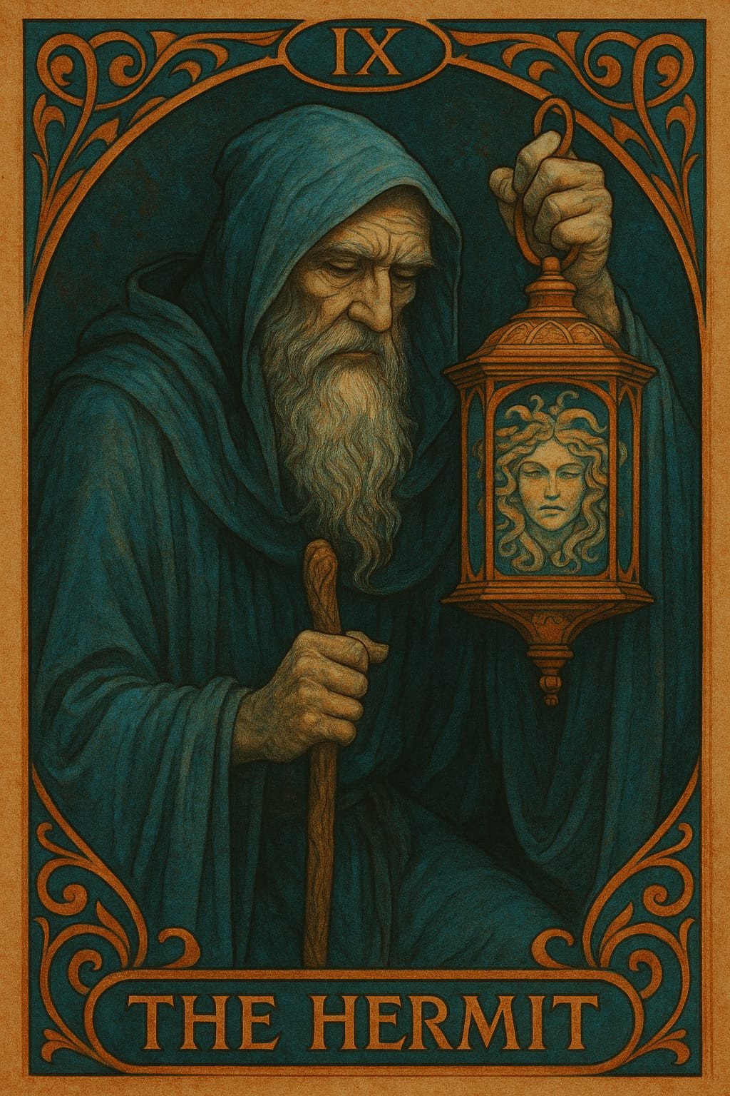 El Ermitaño Tarot Medusa. Copyrigth 2025 by Arcane Domus