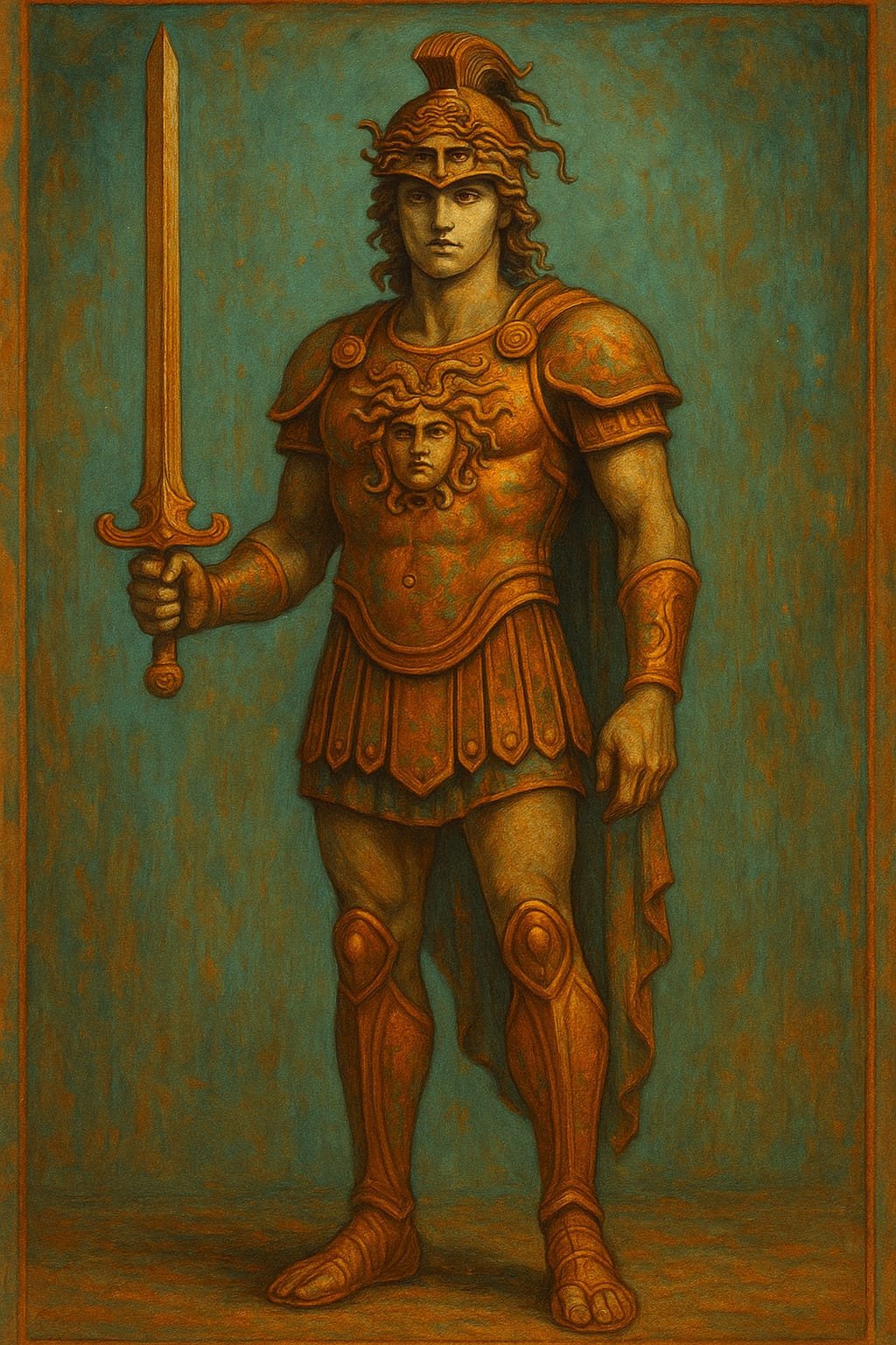 Guerrero griego con armadura dorada y espada, con un Gorgoneion de Medusa en el pecho, de pie sobre fondo verde azulado, en estilo de ilustración clásica.